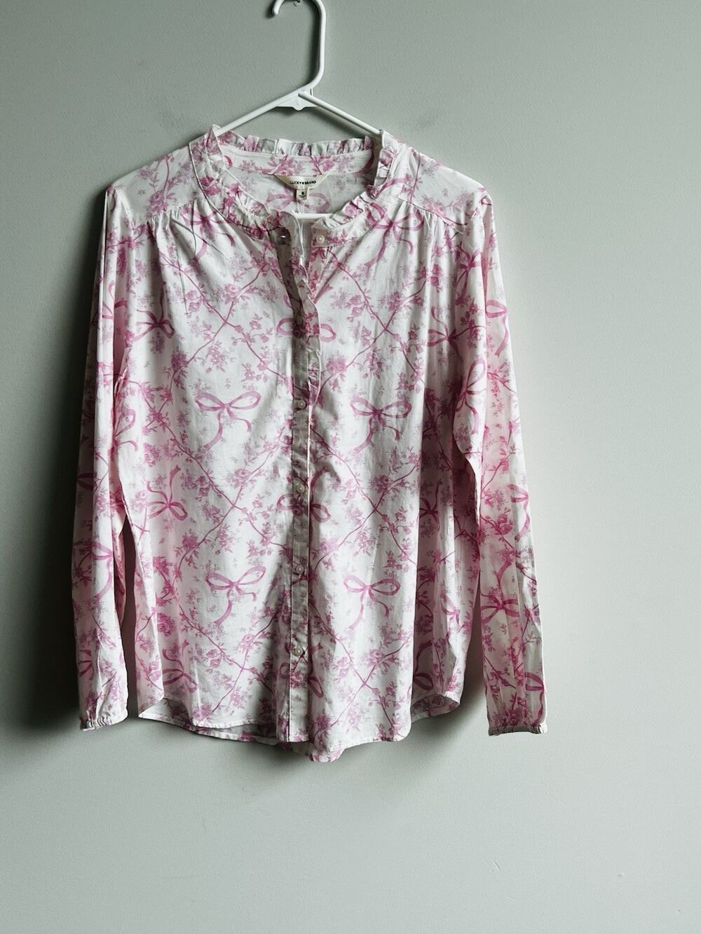 Lucky Brand Top Bow Floral Button Down M Pink Long Sleeve Coquette Romantic